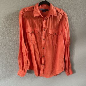 Ralph Lauren Sport Shirt Womens 12 Orange Button Up 100% Linen Utility  Preppy